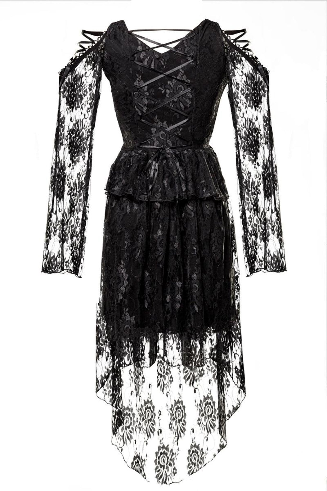 Elegantes Gothic-Spitzenkleid mit ausgestellten Ärmeln und Schnürdetails