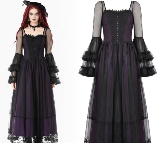 Langes Gothic Kleid mit Spitze und Schnürung hinten in Lila