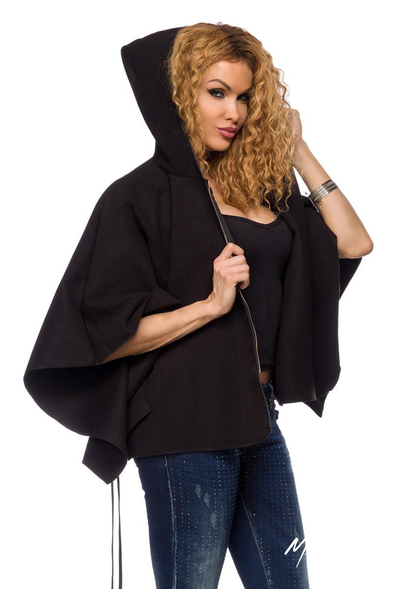 Cape Schwarz Wintercape mit Reißverschluss