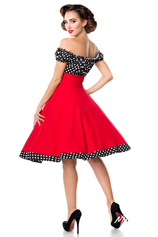 Schulterfreies Retro-Kleid mit Tellerrock – rot/schwarz/weiß