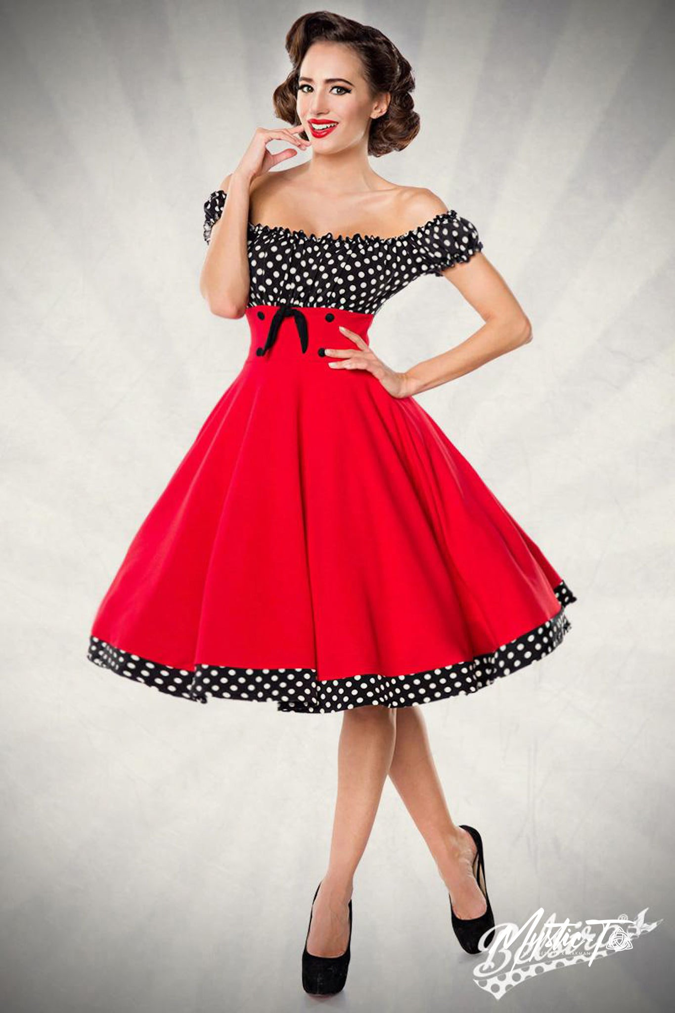 Schulterfreies Retro-Kleid mit Tellerrock – rot/schwarz/weiß