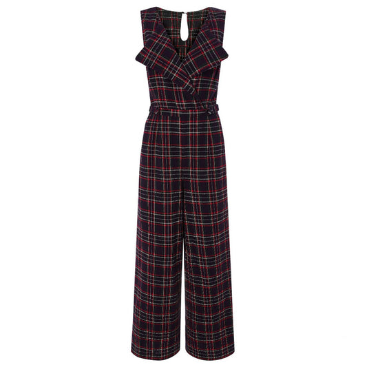 Sylvia Jumpsuit im Blue Tartan – Retro-Vibes mit moderner Raffinesse
