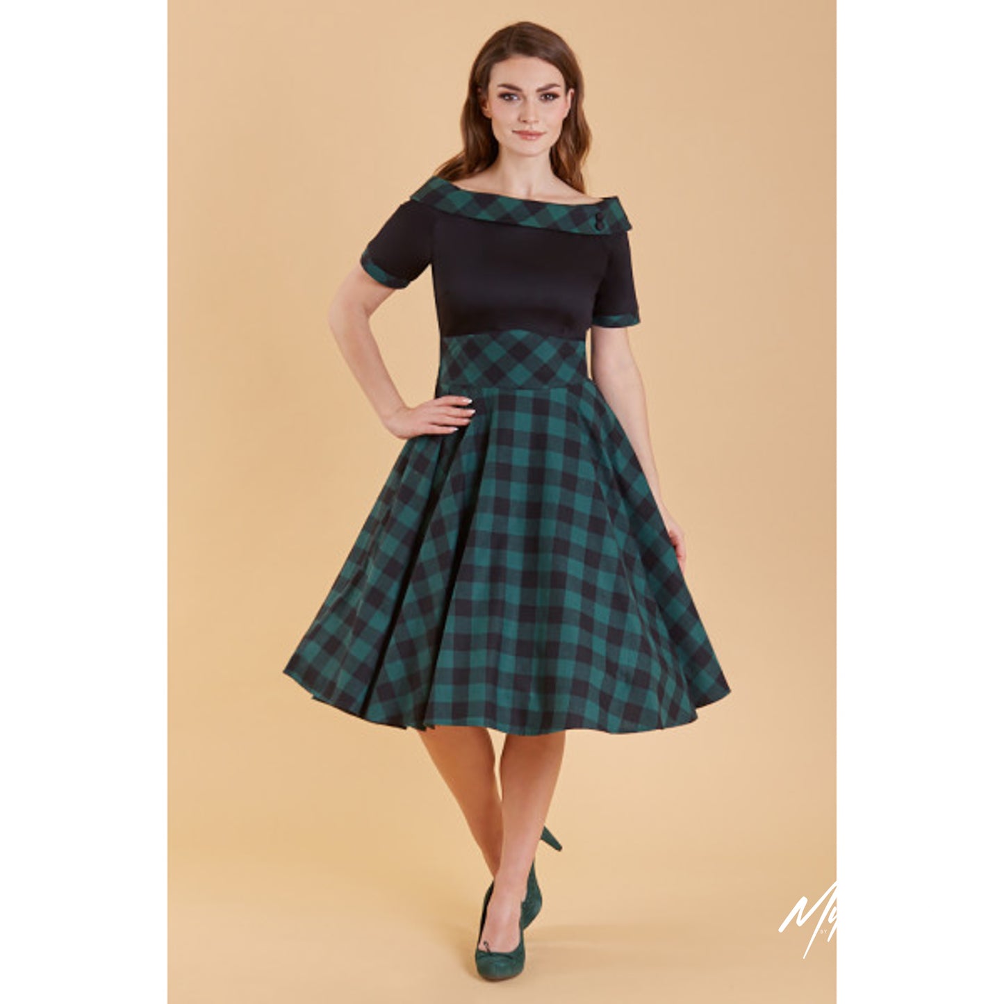 Darlene Retro Swing Dress in Black Green Tartan, Nur im 42