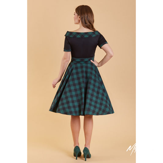 Darlene Retro Swing Dress in Black Green Tartan