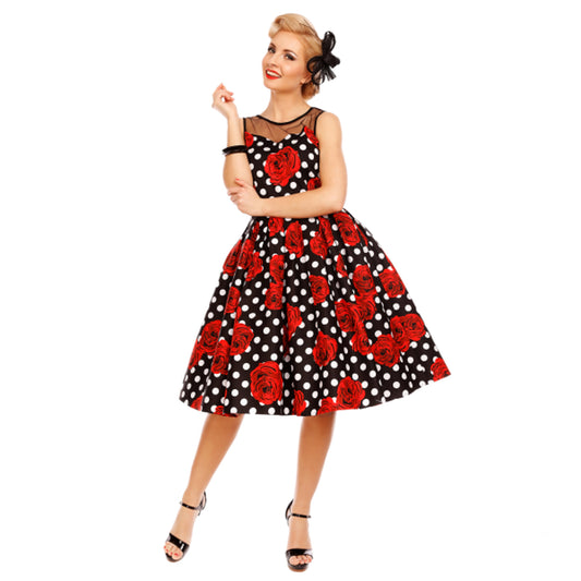 Elizabeth Swing Dress Black Rose Polka – Letztes Exemplar in Gr. 48
