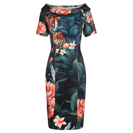 Valerie Fitted Off-the-Shoulder Vintage Dress in Black Forest