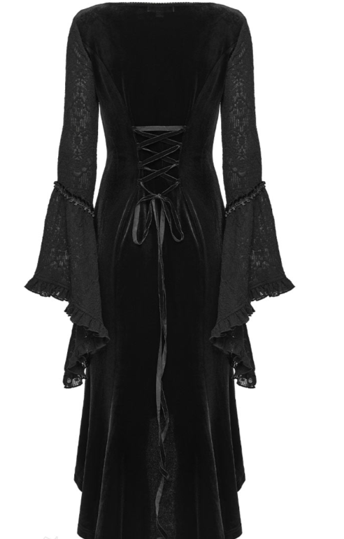 Langes Gothic Kleid mit Trompetenärmeln und Schnürung hinten
