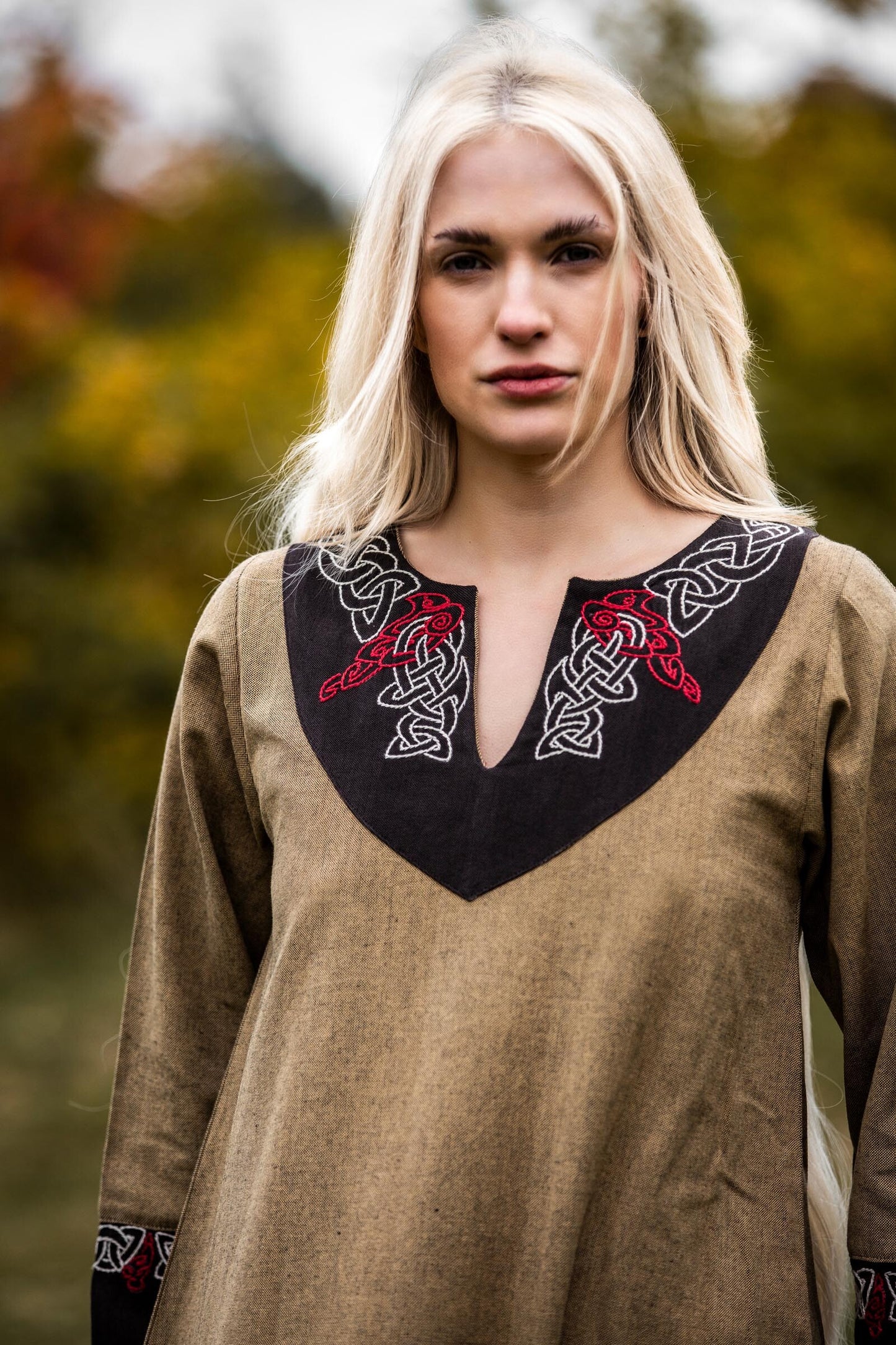 Wikinger Kleid mit Stickerei und V-Ausschnitt