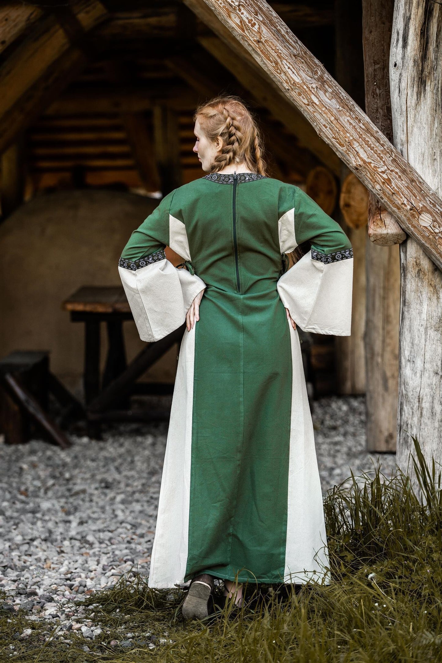 Mittelalter Baumwollkleid Grün/Natur