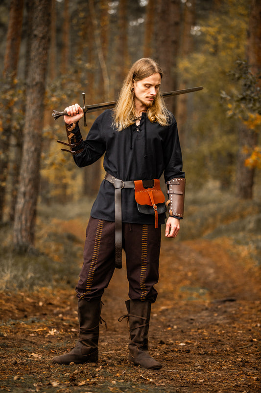 Mittelalter Hemd runder Schnürhalsausschnitt, Schwarz