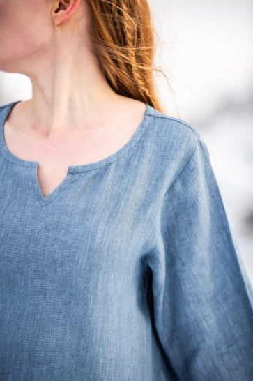 Wikinger Kleid Damen 100% Leinen, Taubenblau