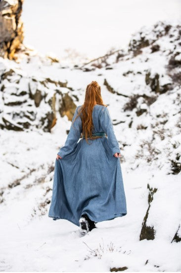 Wikinger Kleid Damen 100% Leinen, Taubenblau