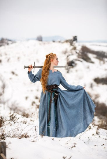 Wikinger Kleid Damen 100% Leinen, Taubenblau