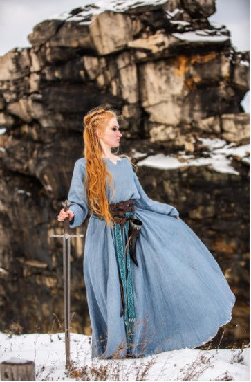 Wikinger Kleid Damen 100% Leinen, Taubenblau