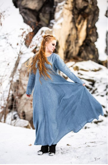 Wikinger Kleid Damen 100% Leinen, Taubenblau