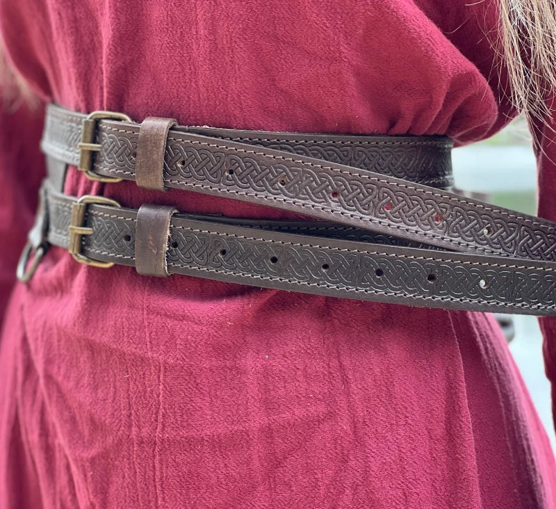 Wikinger Gürtel doppelt Leder braun mit Ringen für Accessoires