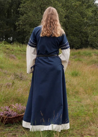 Mittelalterkleid mit Trompetenärmel blau/natur