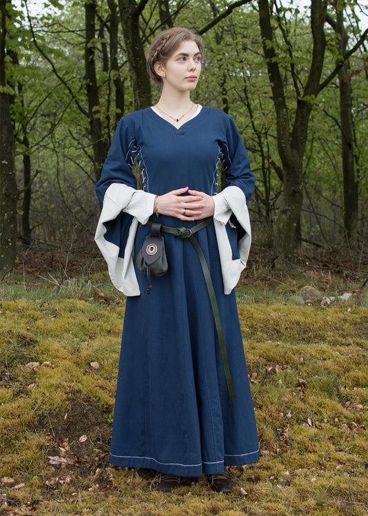 Mittelalterkleid mit Höllenfenstern – Bliaut-Stil in Blau/Natur