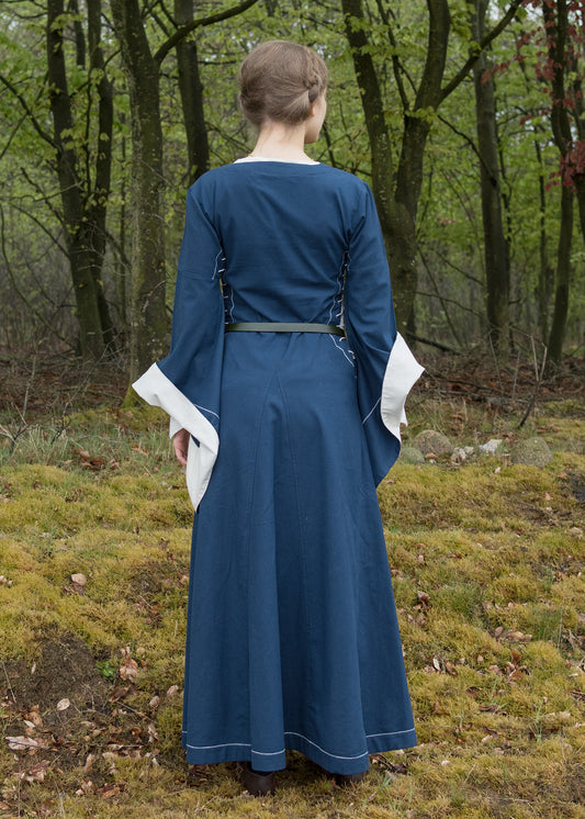 Mittelalterkleid mit Höllenfenstern – Bliaut-Stil in Blau/Natur