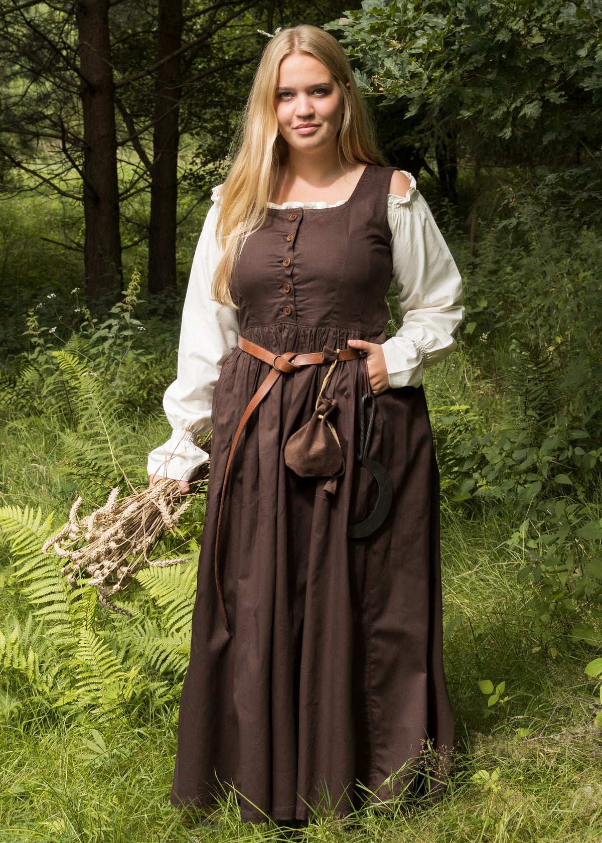 Braunes Mittelalter Überkleid mit Rückenschnürung und weitem Rock