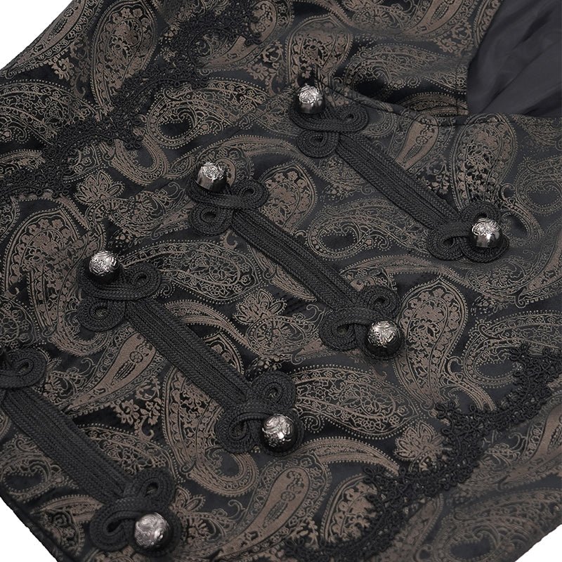 Schwarze viktorianische Herrenweste mit Ornamentmuster und Satinrücken