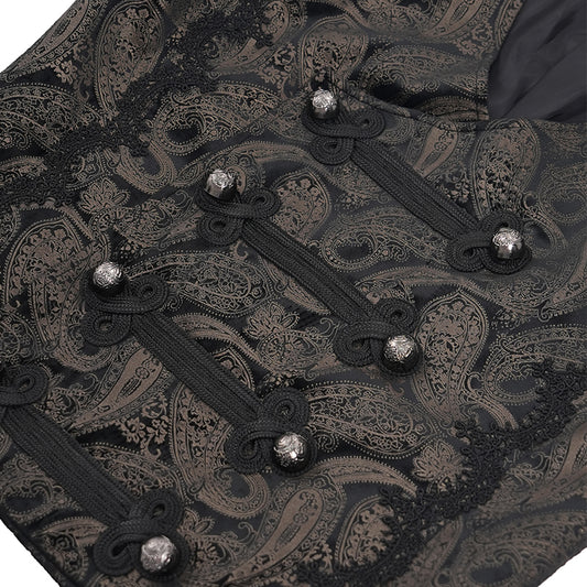 Schwarze viktorianische Herrenweste mit Ornamentmuster und Satinrücken