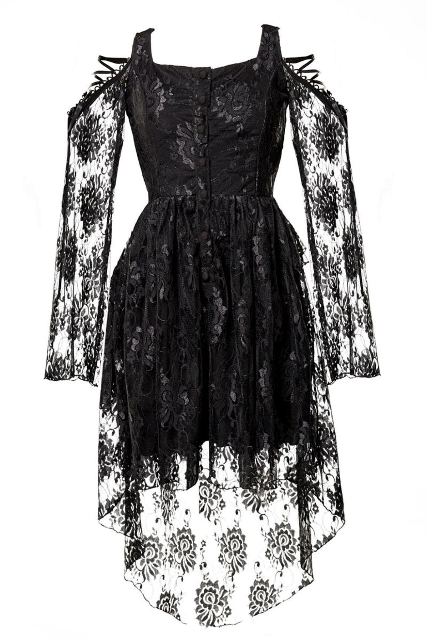 Elegantes Gothic-Spitzenkleid mit ausgestellten Ärmeln und Schnürdetails