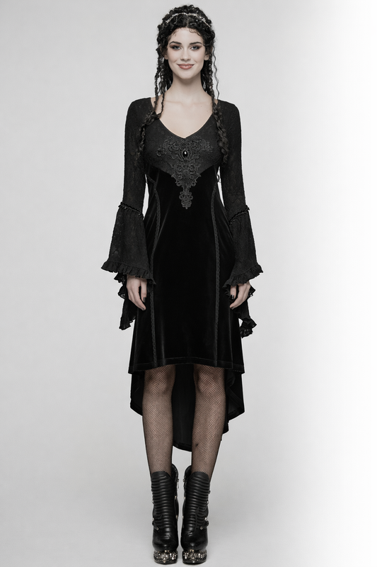 Gothic Kleid schwarz aus Samt und Jacquard mit High Low Saum von Punk Rave
