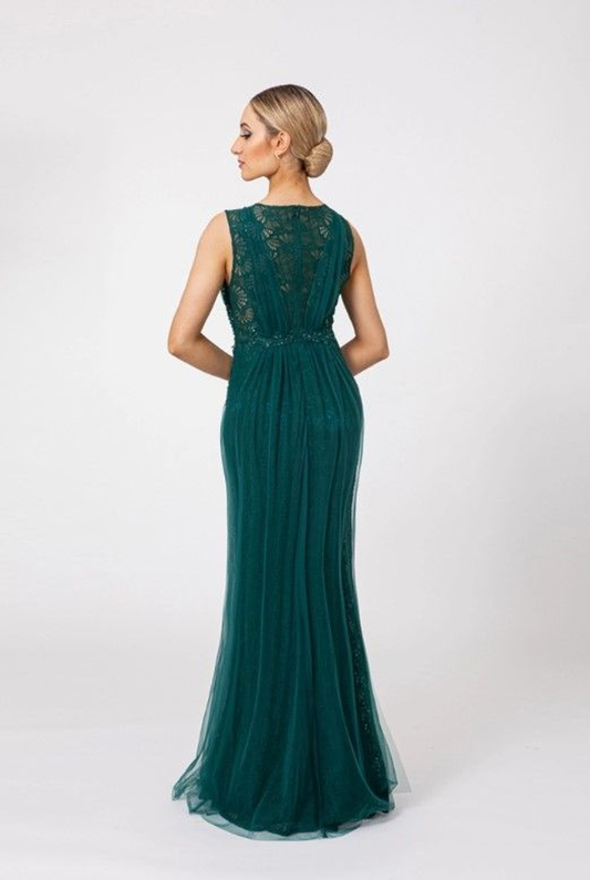 Abendkleid Grün, Stickerei und Perlen in Tüll