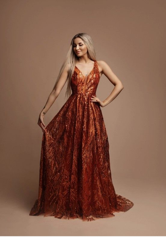 Abendkleid, Orange, mit Pailletten