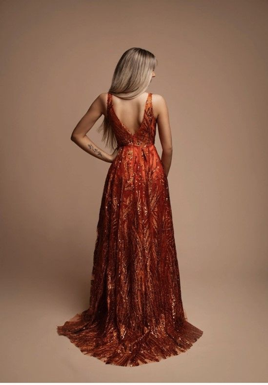Abendkleid, Orange, mit Pailletten