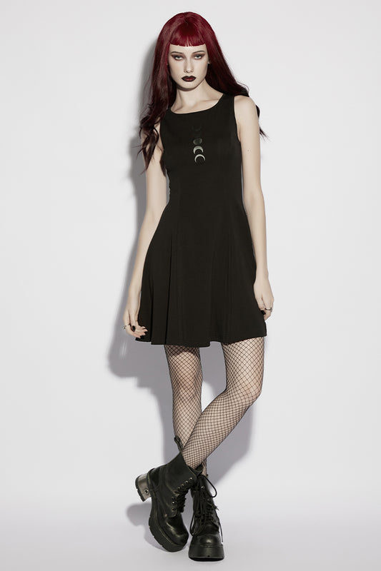 Schwarzes Gothic Kleid von Punk Rave mit Mondphasen-Print