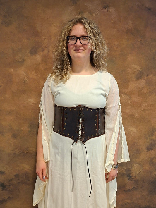 Mittelalter Unterbrust Corsage aus Leder mit Schnürung in Braun für LARP Gewandung Trompeten Ärmeln  kleid