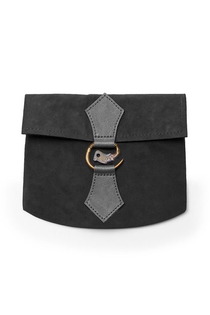 Schwarze Wikinger Gürteltasche aus Leder mit Drachenschließe und Gürtelbefestigung