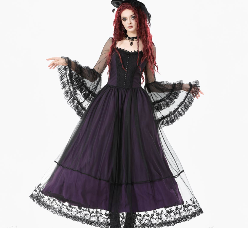 Gothic Kleid lila mit Tüll und Trompetenärmeln von Dark in Love