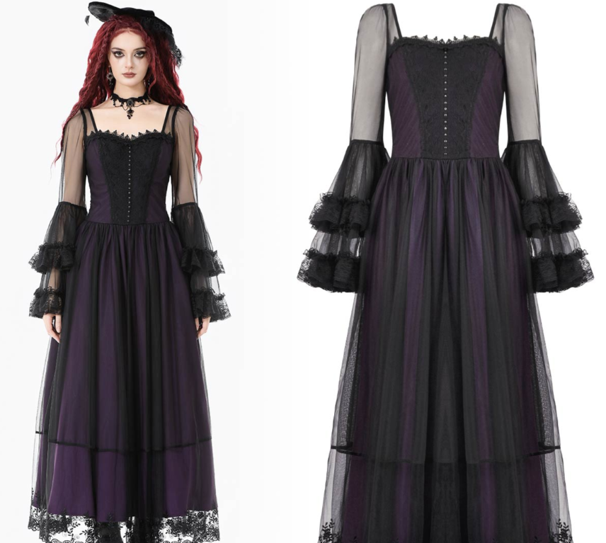 Langes Gothic Kleid mit Spitze und Schnürung hinten in Lila