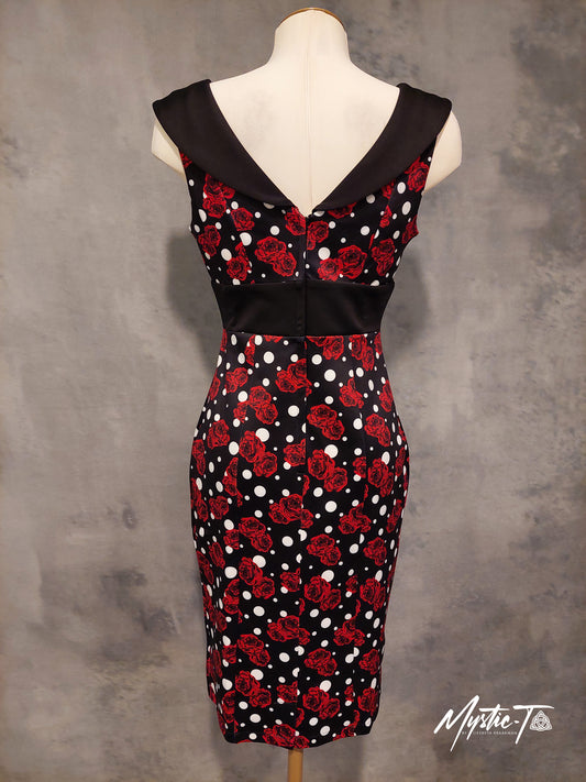 Darla Dress Off-Shoulder Black Roses & Polka Print