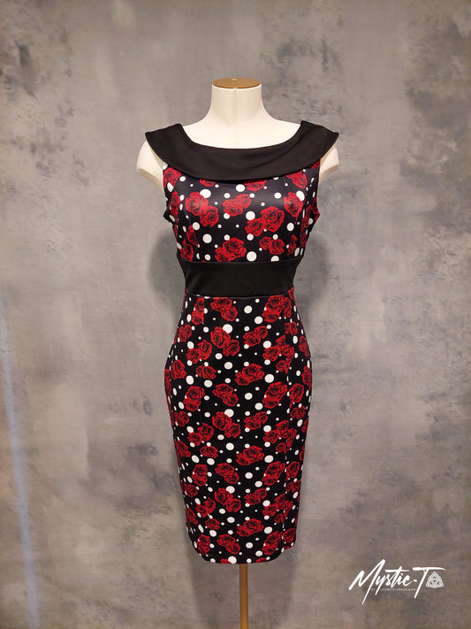 Darla Dress Off-Shoulder Black Roses & Polka Print