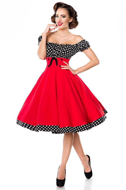 Schulterfreies Retro-Kleid mit Tellerrock – rot/schwarz/weiß
