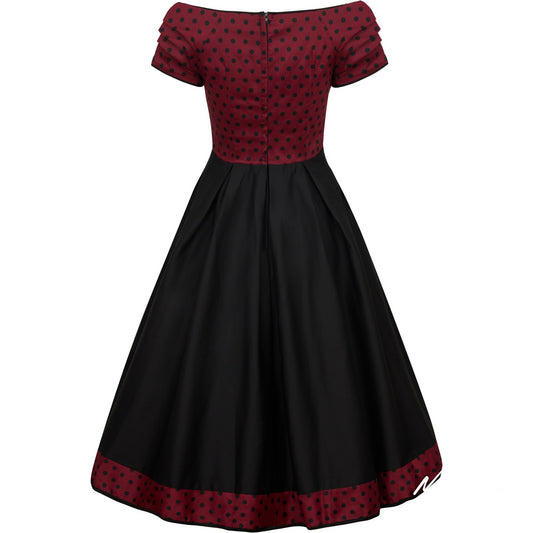 Lily Off Shoulder Burgundy Polka Dot Swing Dress