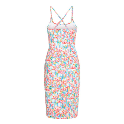 Norma Cross Strap Lace Pencil Dress in Pink Abstract Print