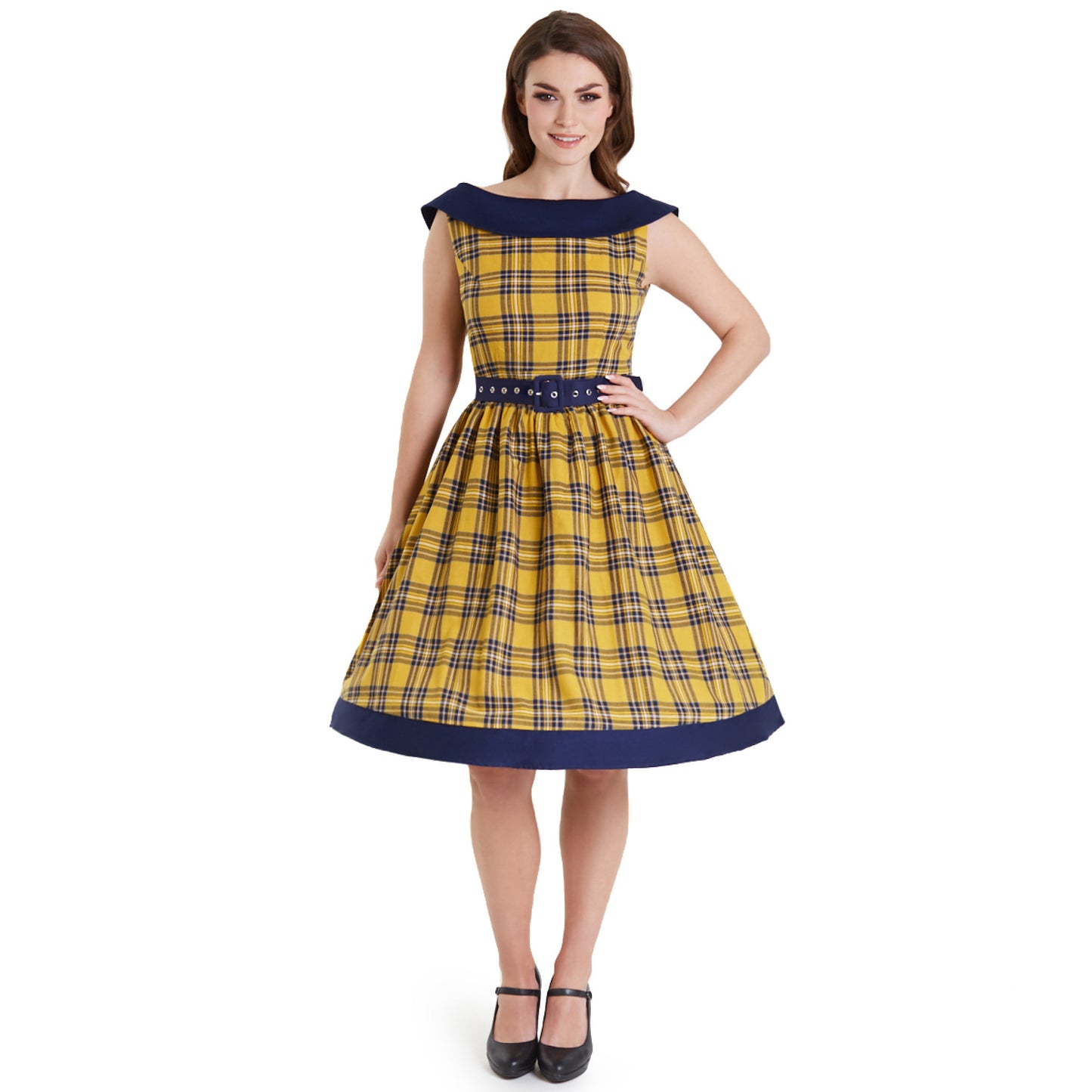 Cindy Off-Shoulder Swingkleid in Yellow Tartan – Rockabilly-Romantik