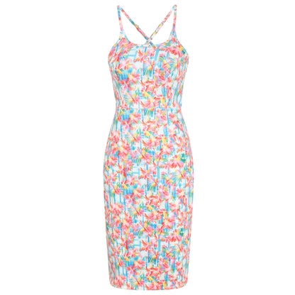 Norma Cross Strap Lace Pencil Dress in Pink Abstract Print