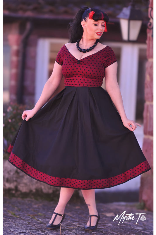 Lily Off Shoulder Burgundy Polka Dot Swing Dress