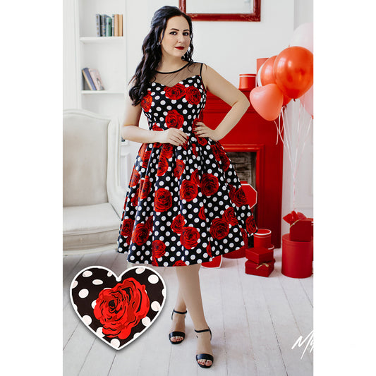 Elizabeth Swing Dress Black Rose Polka – Letztes Exemplar in Gr. 48