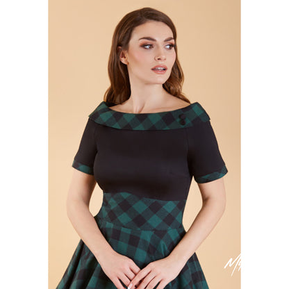 Darlene Retro Swing Dress in Black Green Tartan