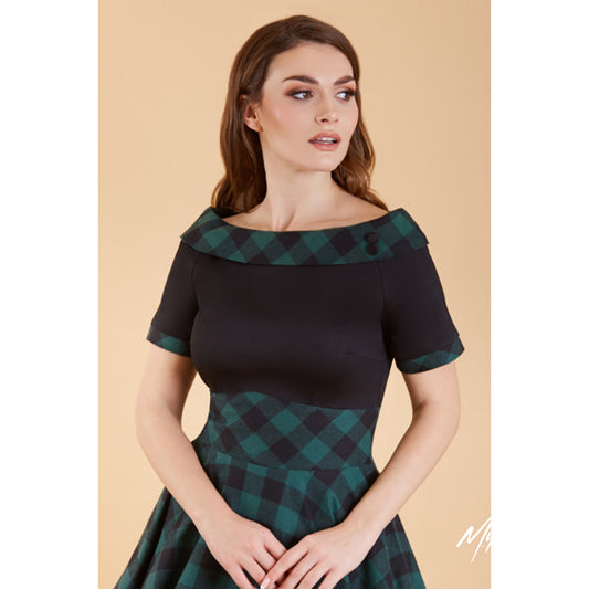 Darlene Retro Swing Dress in Black Green Tartan