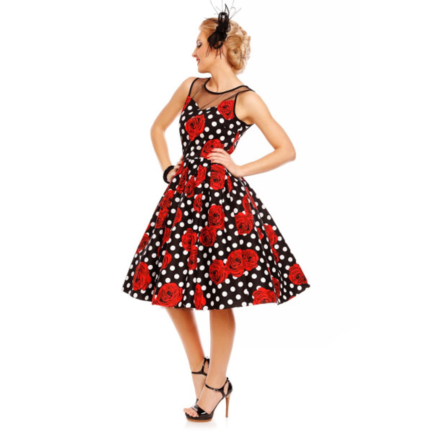 Elizabeth Swing Dress Black Rose Polka – Letztes Exemplar in Gr. 48