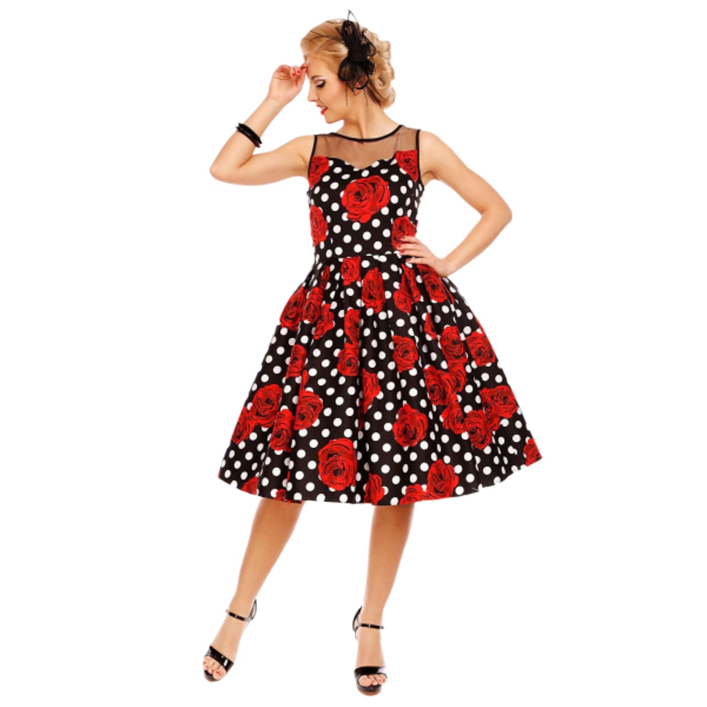 Elizabeth Swing Dress Black Rose Polka – Letztes Exemplar in Gr. 48