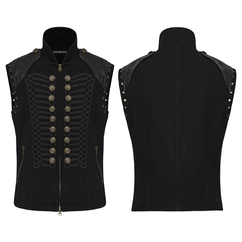 Schwarze Herrenweste mit Lederdetails und Metallknöpfen